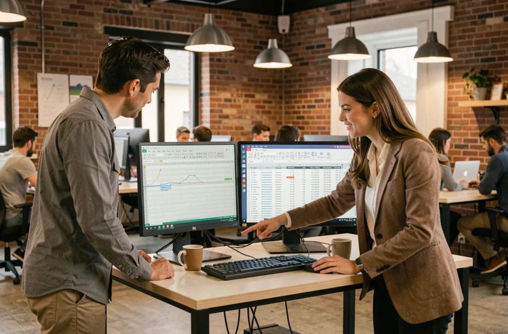 Deux collègues collaborant sur Excel pour convertir des lignes en colonnes dans un espace de coworking moderne
