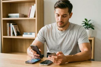 Homme comparant deux smartphones Samsung sur un bureau en bois dans un bureau à domicile moderne