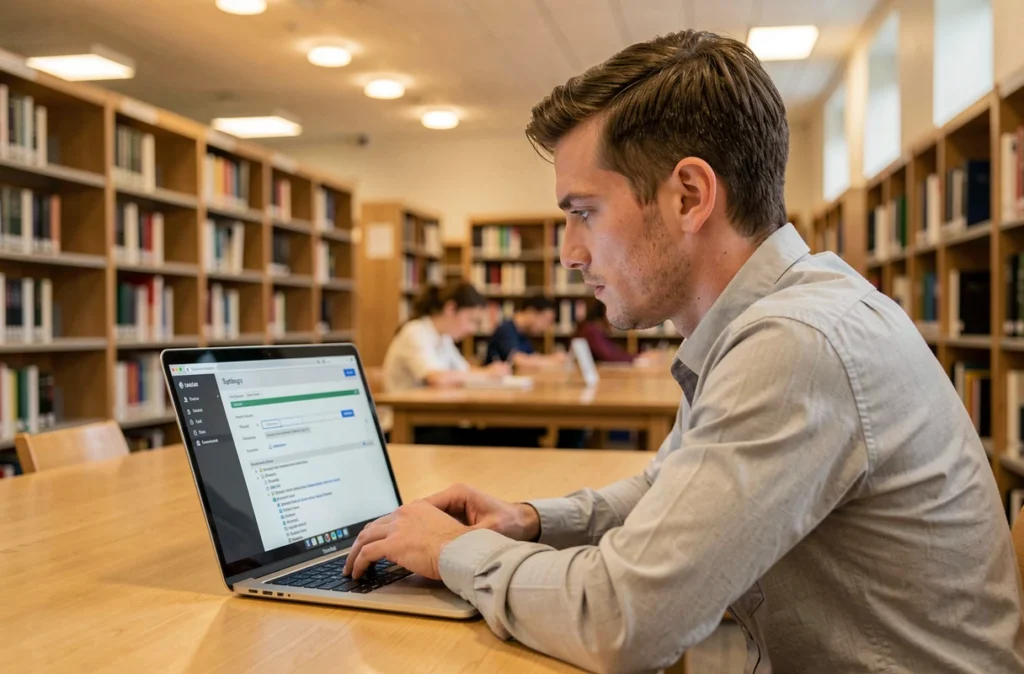 Étudiant configurant des règles de filtrage sur son client mail depuis une bibliothèque universitaire
