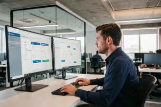 Professionnel IT configurant une connexion SSO sur un intranet d'entreprise depuis son poste de travail en open space