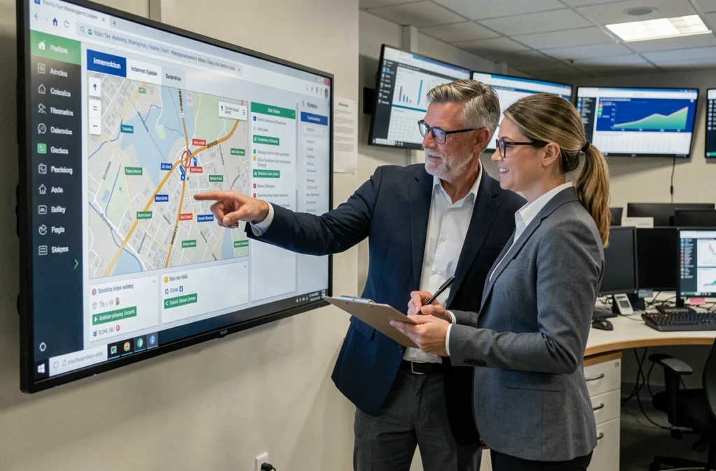 Deux responsables analysant le tableau de bord Domatel en salle de pilotage pour coordonner les interventions en temps réel