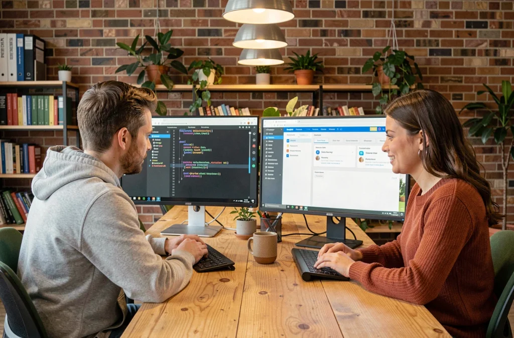 Deux développeurs configurant l'authentification SSO et les connexions API d'un intranet dans un espace de coworking