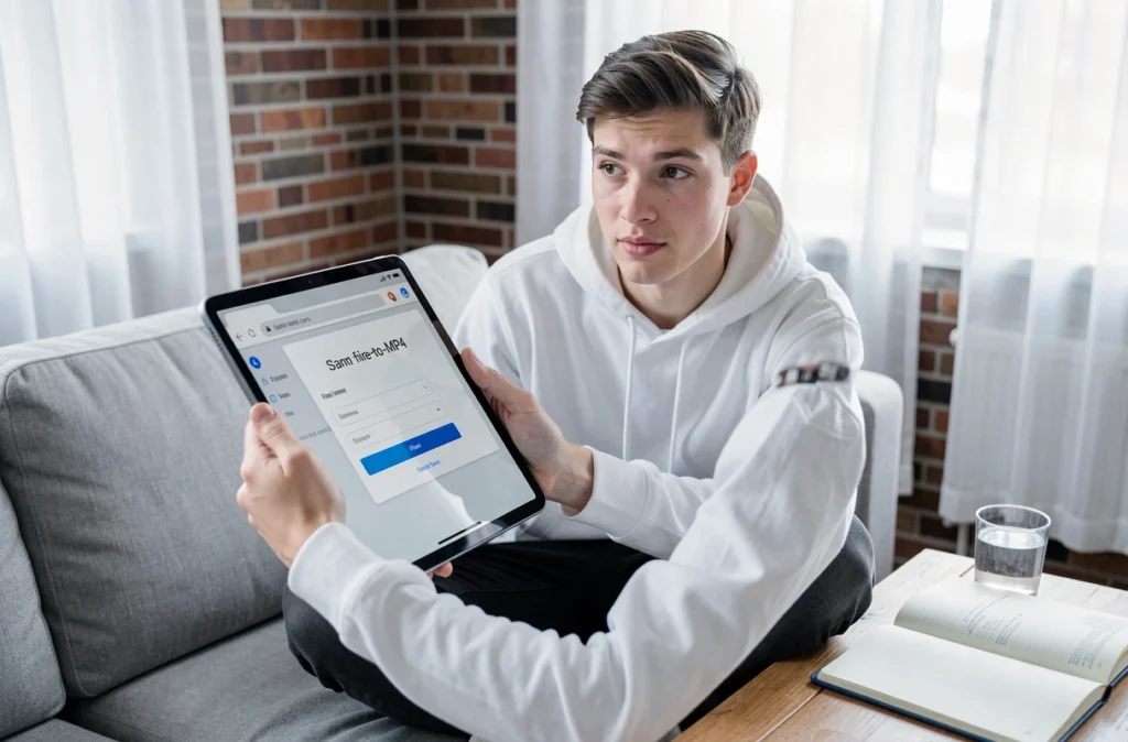 Étudiant convertissant une vidéo au format MP4 sur une tablette depuis son canapé dans un appartement décontracté
