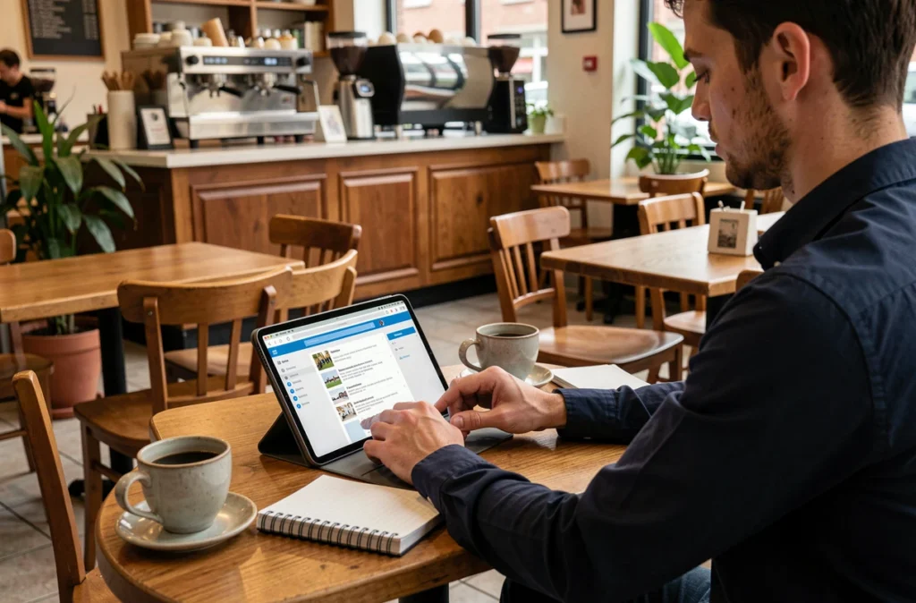 Étudiant accédant à l'ENT depuis une tablette dans un café urbain