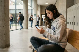Étudiante consultant son ENT sur smartphone dans un couloir universitaire moderne