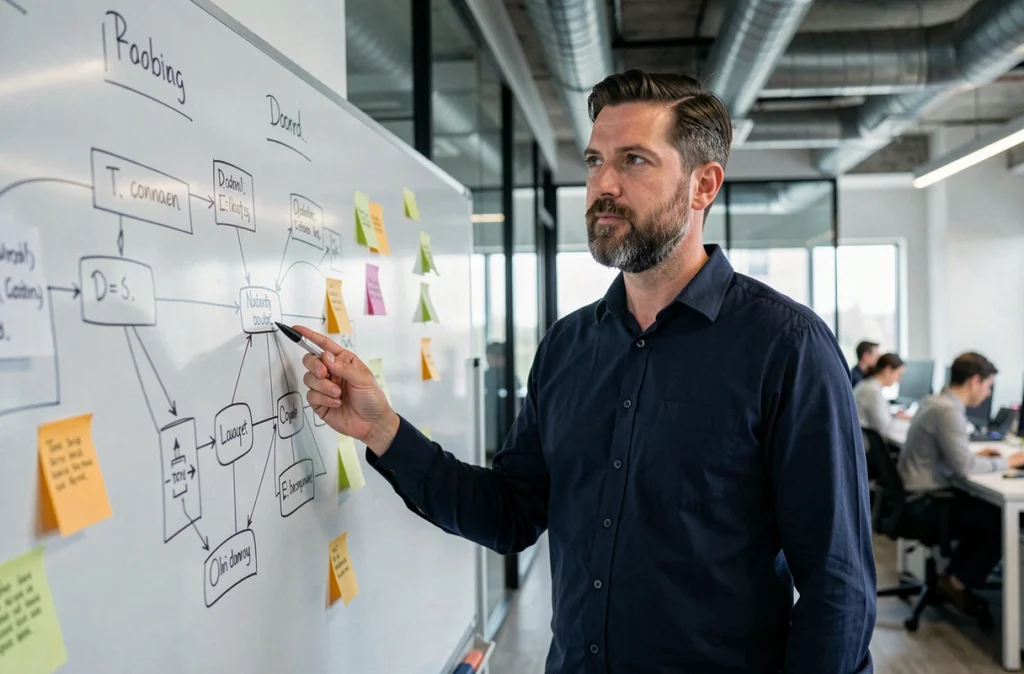 Expert en technologie expliquant le fonctionnement réel de Haipallzizopnoz devant un tableau de diagrammes