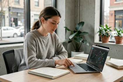 Femme concentrée analysant le fonctionnement de Haipallzizopnoz sur son ordinateur portable avec des notes manuscrites