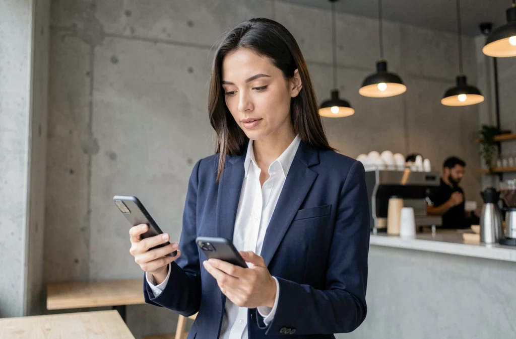 Femme tenant deux smartphones Samsung dans un café urbain minimaliste pour comparer les modèles