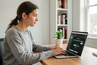 Jeune femme utilisant un outil de conversion vidéo en MP4 sur son ordinateur portable dans un bureau à domicile moderne