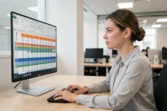 Femme professionnelle utilisant Excel pour transposer des lignes en colonnes sur un grand écran de bureau