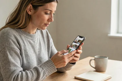 Femme tenant un smartphone et triant ses photos avant de vider la corbeille de l'appareil