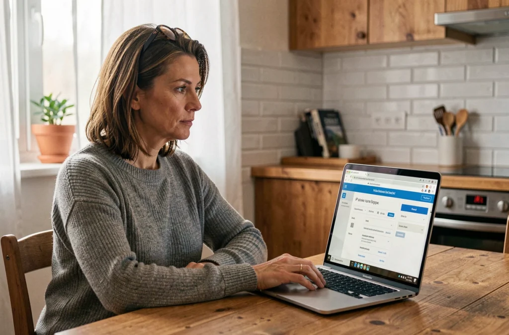 Femme vérifiant son adresse IP dynamique sur un ordinateur portable dans un bureau à domicile