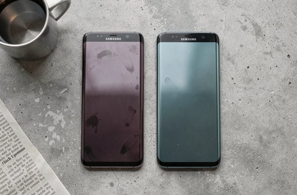 Vue à plat de deux smartphones Samsung comparés côte à côte sur une surface en béton gris avec accessoires du quotidien