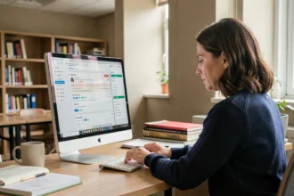 Femme utilisant un client de messagerie universitaire pour organiser ses filtres d'emails sur ordinateur de bureau