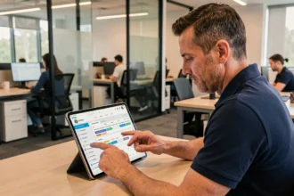 Technicien utilisant une tablette avec le logiciel Domatel pour gérer les interventions depuis un bureau moderne