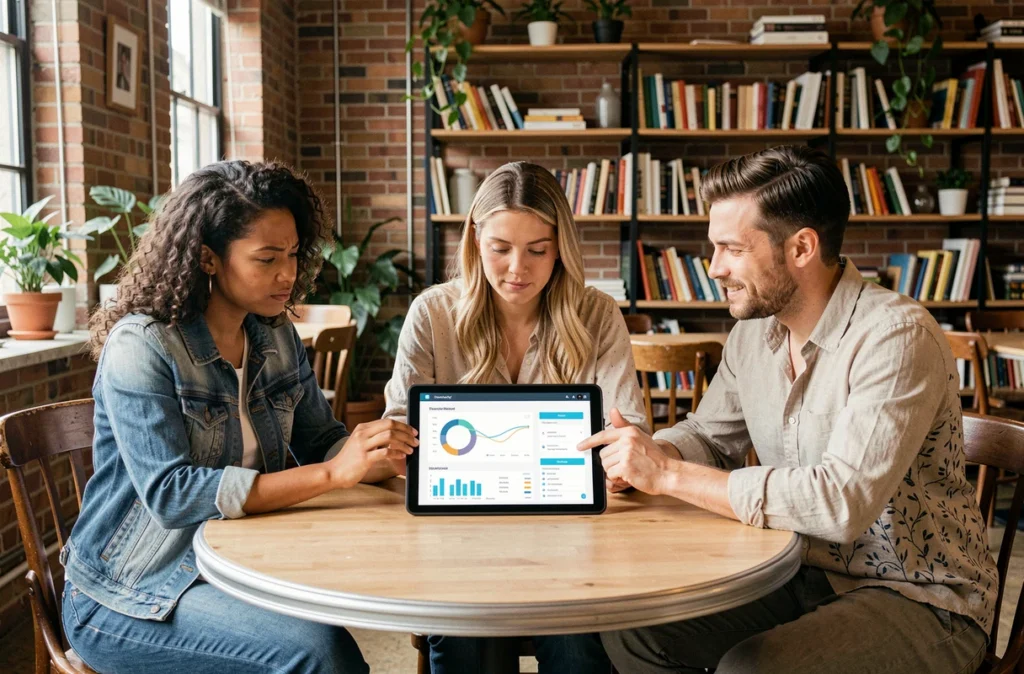 Groupe de professionnels discutant du vrai fonctionnement de Haipallzizopnoz autour d'une tablette dans un espace de coworking