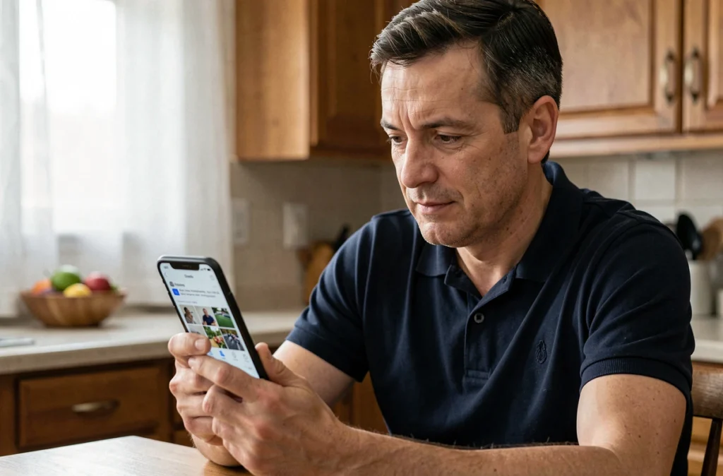 Homme consultant le dossier de corbeille de son téléphone pour récupérer des photos importantes