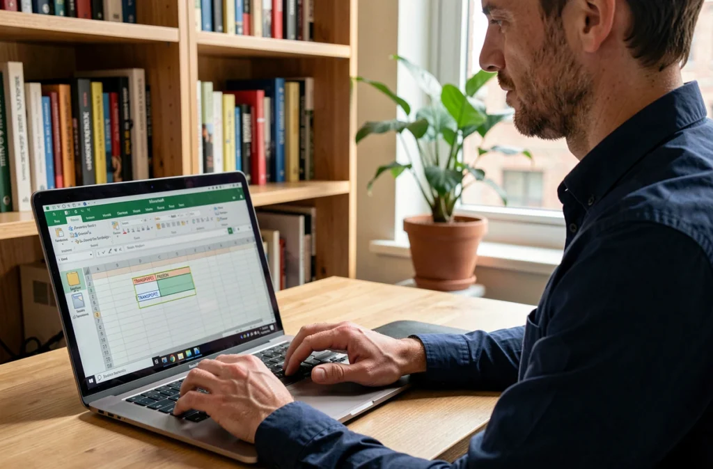 Homme en télétravail utilisant la fonction TRANSPOSE dans Excel sur un ordinateur portable dans un bureau à domicile