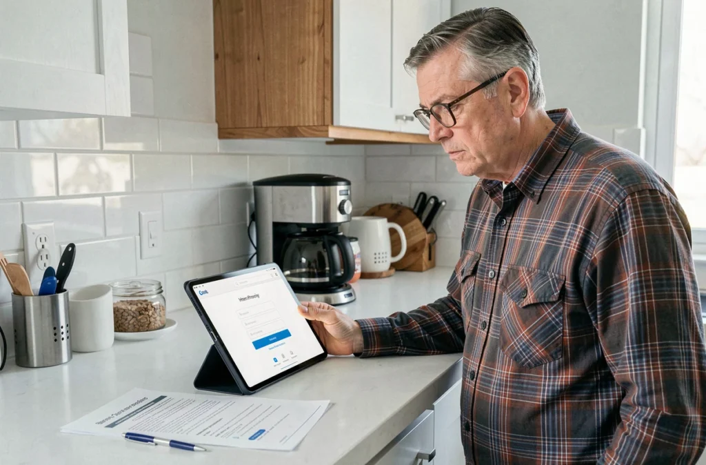 Homme senior consultant sa tablette pour retrouver ses identifiants de connexion ADSL Alice dans sa cuisine