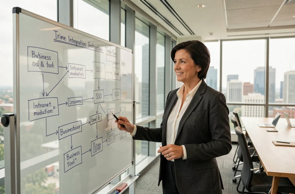 Cheffe de projet présentant un schéma d'intégration d'outils métiers et SSO sur un tableau blanc en salle de réunion