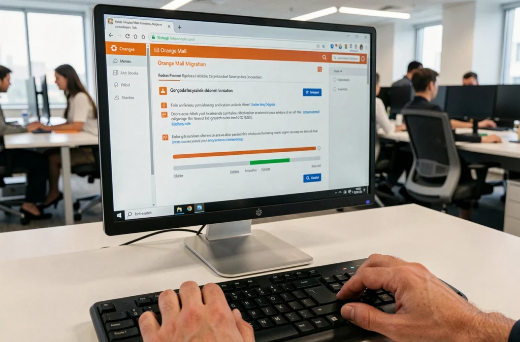 Écran d'ordinateur affichant les étapes de migration vers le nouvel espace mail Orange en entreprise