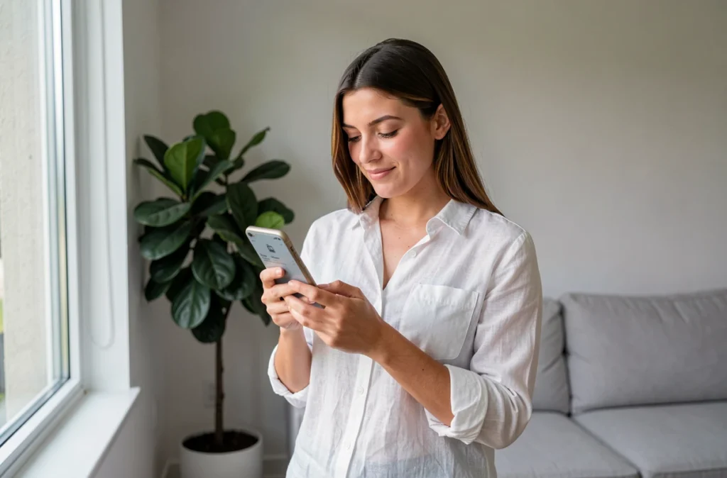 Jeune femme libérant de l'espace sur son téléphone en vidant la corbeille des photos supprimées