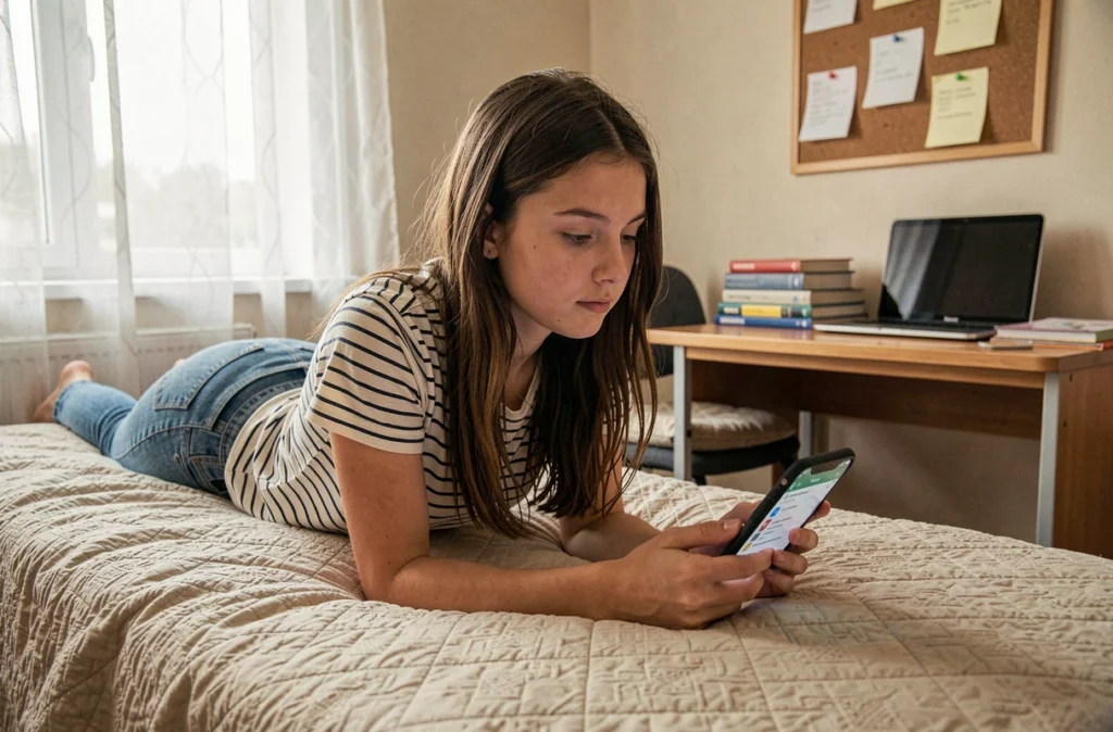 Lycéenne utilisant son ENT sur smartphone depuis sa chambre en résidence universitaire