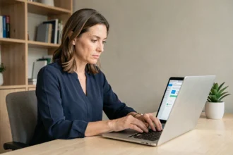 Femme utilisant un ordinateur portable pour migrer son compte vers le nouvel espace mail Orange
