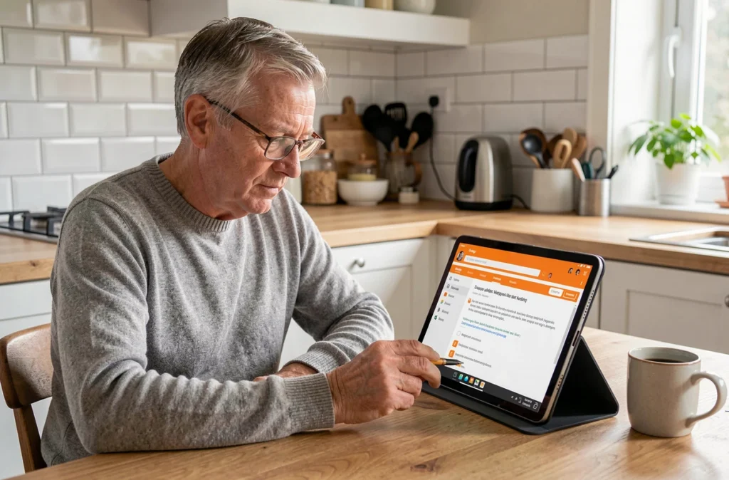 Homme consultant l'interface de migration de la messagerie Orange sur une tablette dans une cuisine