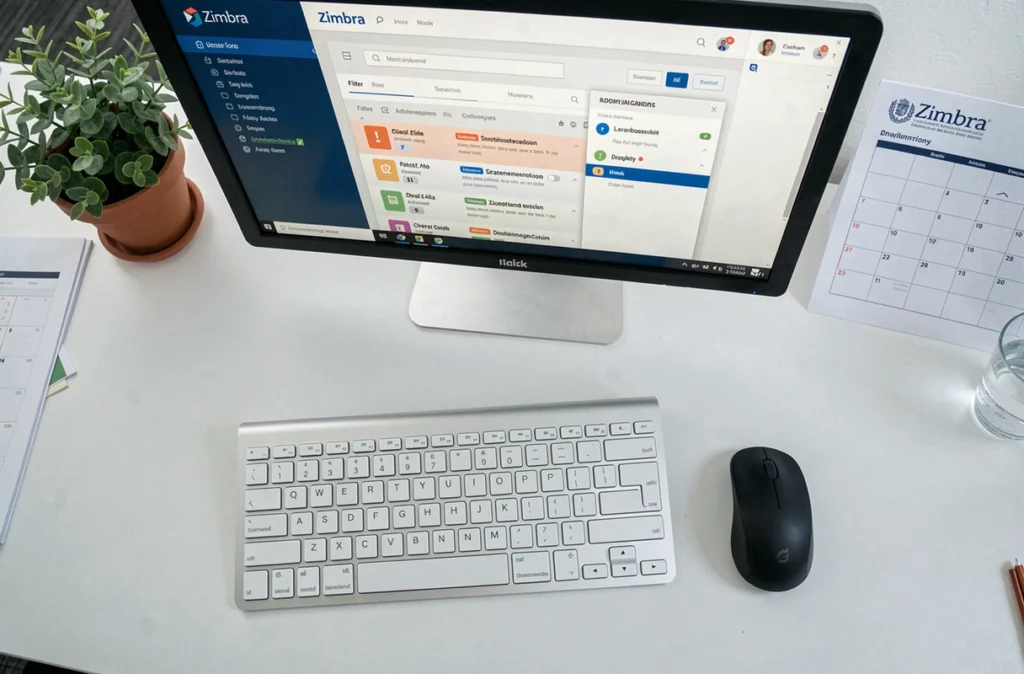 Vue aérienne d'un poste de travail universitaire avec interface Zimbra affichant les paramètres de filtrage d'emails
