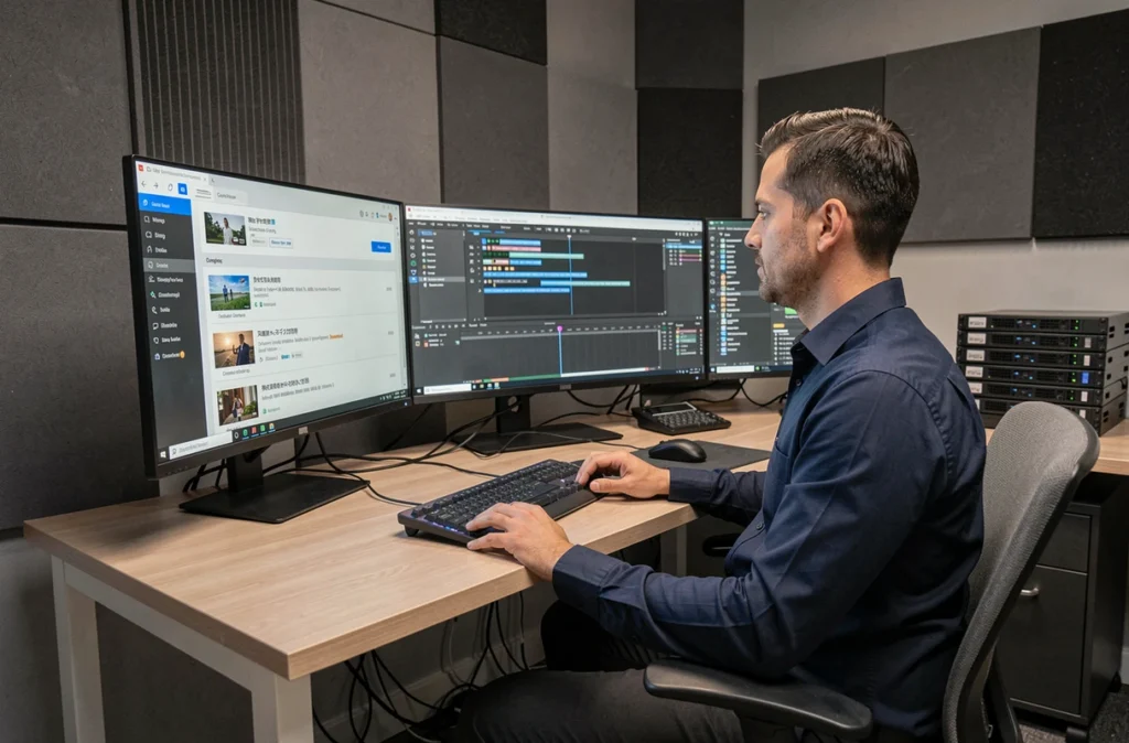 Professionnel de la vidéo utilisant un convertisseur en ligne sur un poste de travail multi-écrans dans un studio d'édition