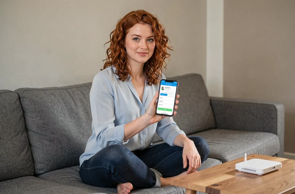 Jeune femme utilisant son smartphone pour récupérer ses identifiants ADSL Alice depuis son salon