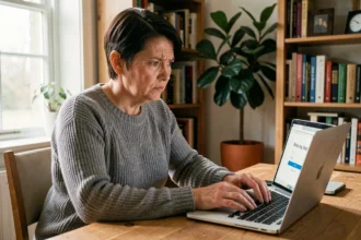 Femme d'âge mûr récupérant ses identifiants ADSL Alice sur un ordinateur portable à la maison