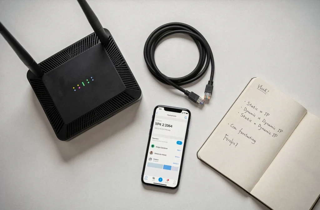 Vue aérienne d'un routeur Wi-Fi et d'un smartphone affichant une configuration d'adresse IPv4 statique et dynamique