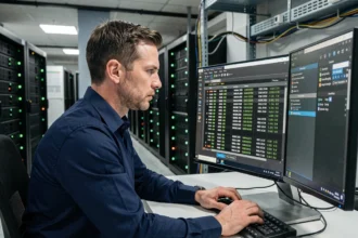 Technicien informatique configurant une adresse IP sur un serveur dans une salle de datacenter professionnelle