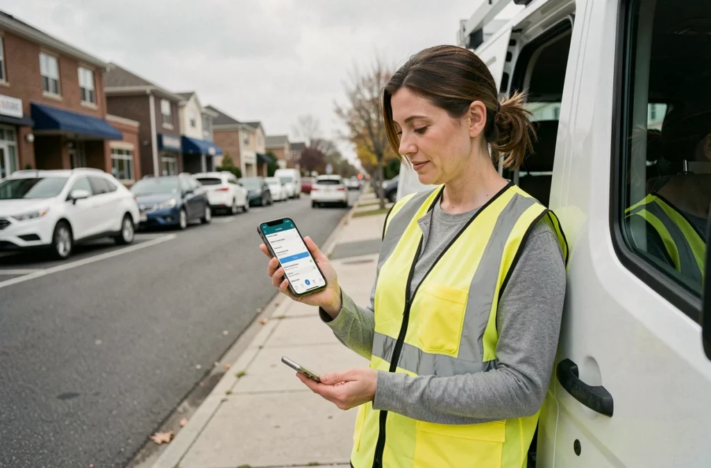 Technicienne terrain consultant Domatel sur smartphone devant un véhicule d'intervention pour optimiser ses tournées