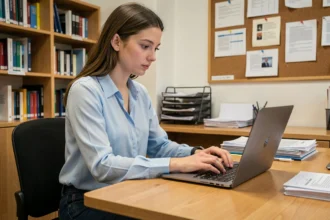 Jeune femme activant son mail académique sur un ordinateur portable dans un bureau universitaire de Lille