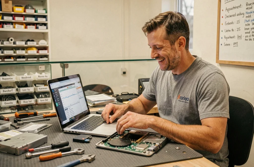 Technicien en dépannage informatique réparant un ordinateur portable dans une boutique de proximité pour particuliers et TPE à Marseille