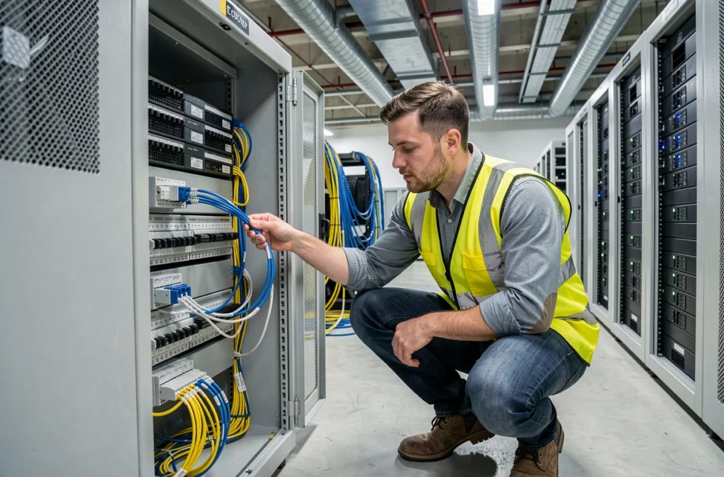 Ingénieur réseau déployant une infrastructure réseau professionnelle dans un local technique industriel pour une entreprise marseillaise