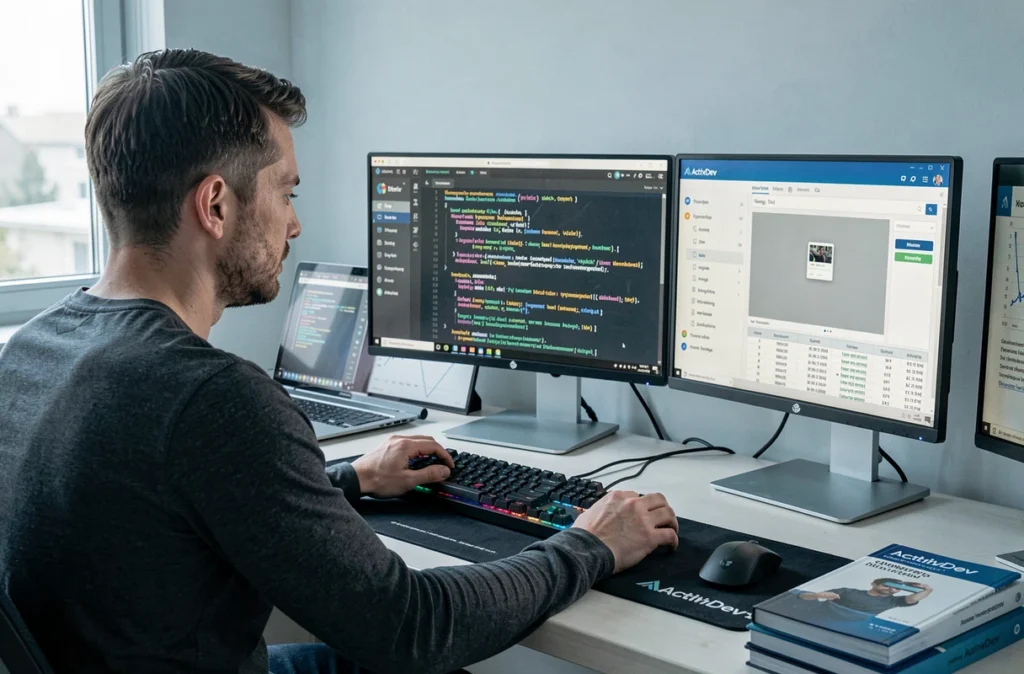Développeur full-stack de l'agence ActivDev effectuant un audit de performance WordPress sur plusieurs écrans