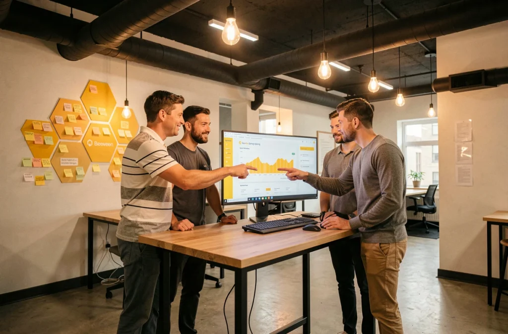 Équipe de l'agence Beeween réunie autour d'un tableau de bord de projet avec des éléments graphiques en nid d'abeille dans un espace de coworking
