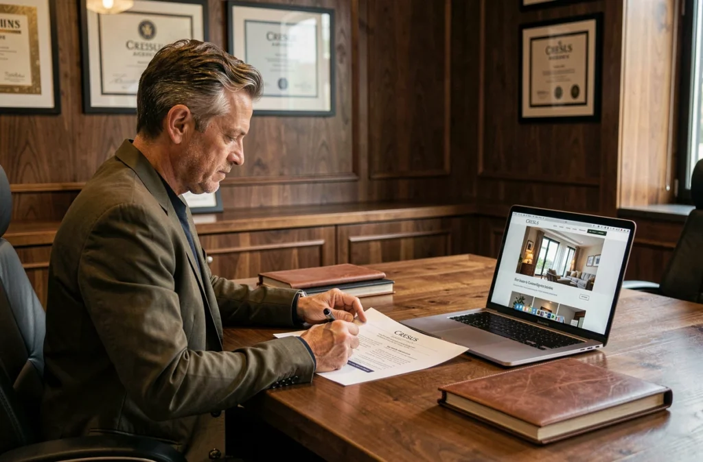 Directeur créatif de l'agence Cresus Agency examinant une stratégie de site WordPress haut de gamme dans un bureau élégant