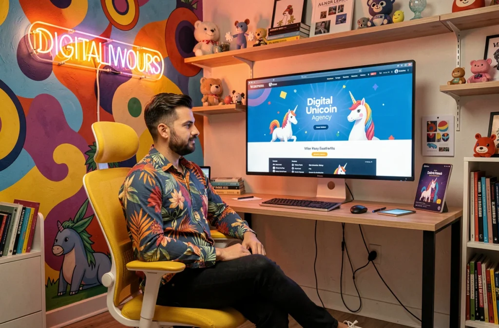 Designer créatif de l'agence Digital Unicorn dans un espace de travail coloré et original avec un projet WordPress ouvert