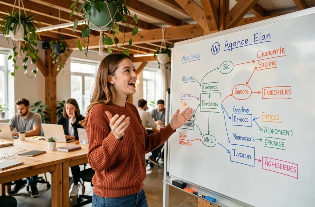 Développeuse web enthousiaste de l'agence Elan animant une session de brainstorming autour d'un projet WordPress collaboratif