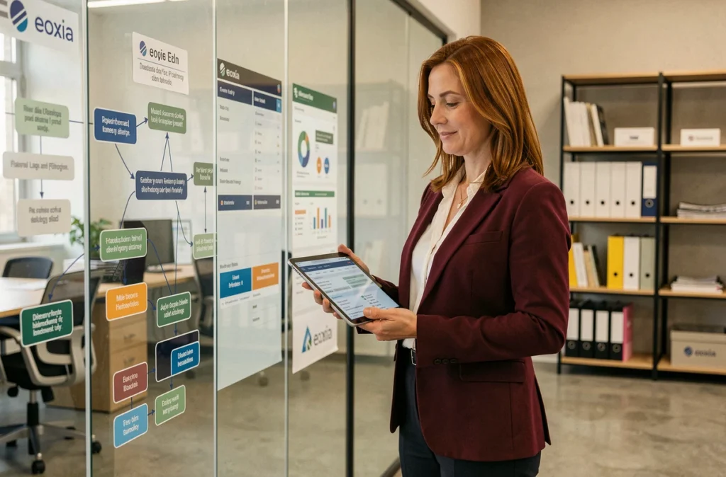 Chef de projet de l'agence Eoxia présentant une méthodologie agile devant un mur de planification de projet
