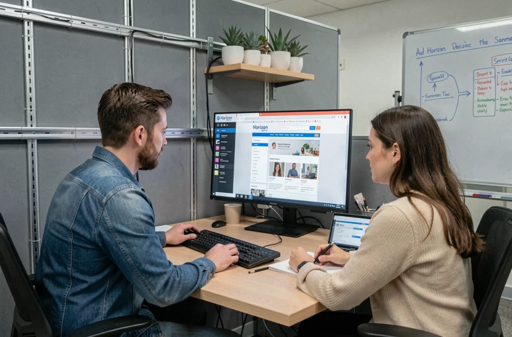 Deux professionnels de l'agence Horizon collaborant sur la conception d'un site web responsive dans leur espace de travail