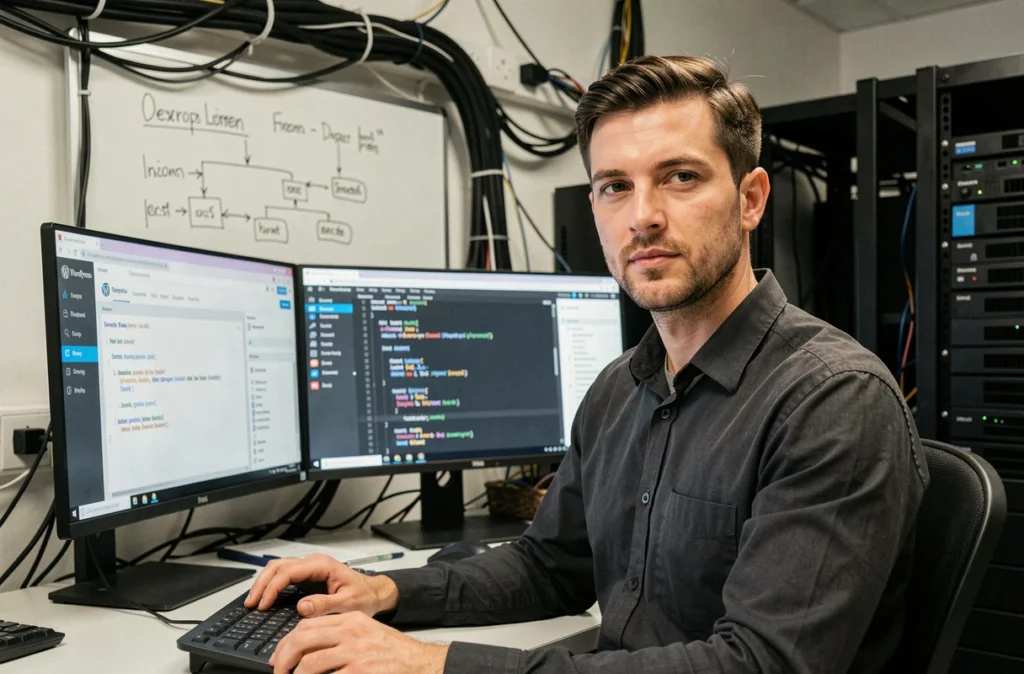 Développeur de l'agence iDeveloppement travaillant sur une extension WordPress personnalisée dans un bureau technique
