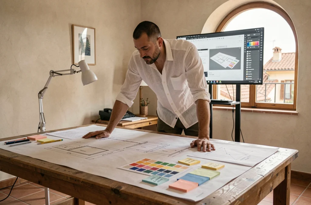 Designer UX de l'agence Jalis travaillant sur des maquettes web dans un bureau au style méditerranéen
