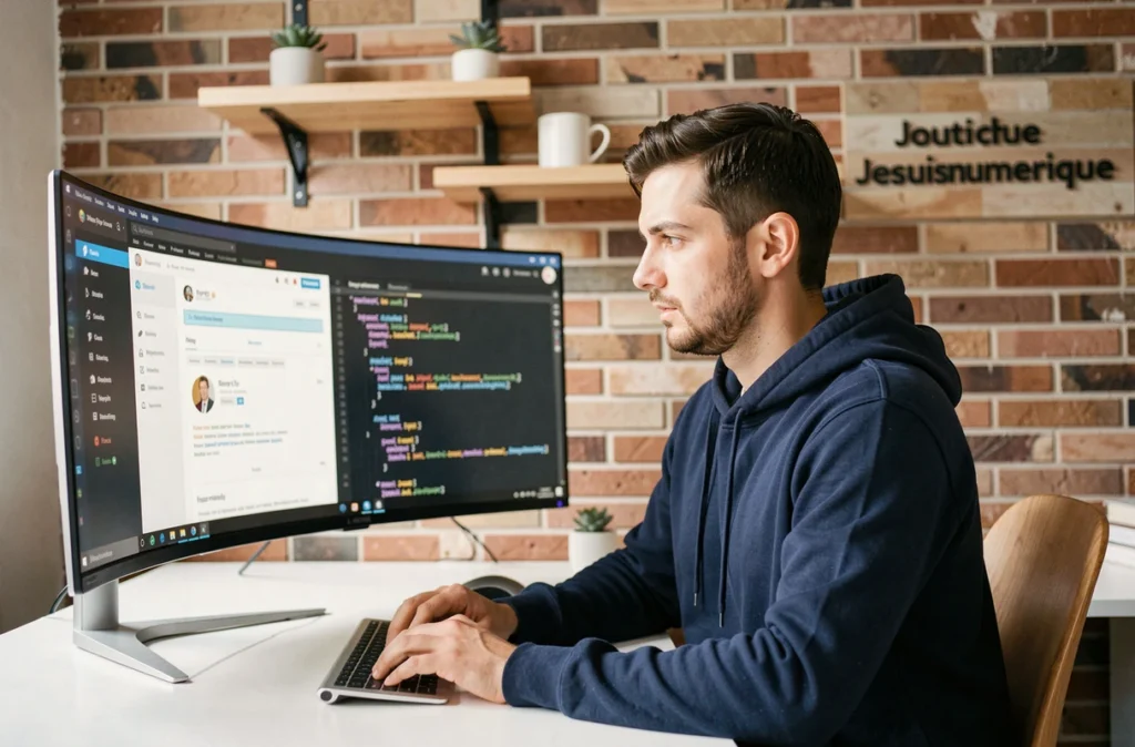 Développeur web de l'agence Jesuisnumerique travaillant sur un site WordPress dans un bureau minimaliste