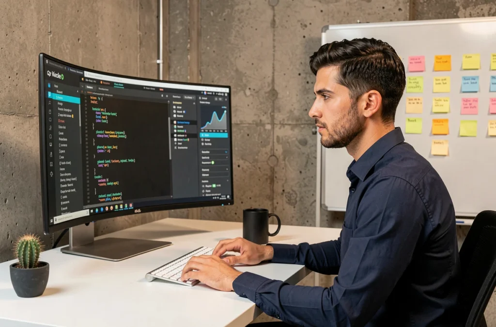 Développeur web de l'agence Keole travaillant sur un projet de développement avec un code React affiché sur un grand écran
